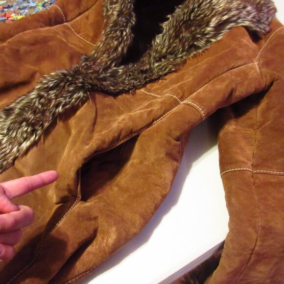 Vintage Marvin Richards Genuine Leather Jacket Long Trench Coat Medium Fur Trim - Picture 11 of 16